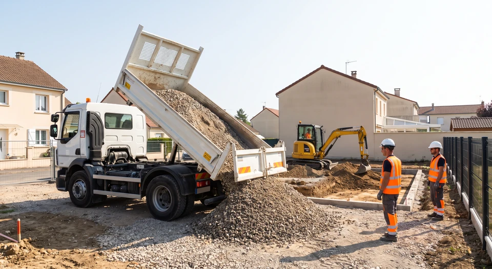 Photographie d'un camion-benne blanc aux couleurs de Grapeloup en cours de déchargement de matériaux (gravier, cailloux concassés ou terre) sur un chantier résidentiel ou commercial. Le benne est abaissée en position de déchargement, les matériaux s'écoulent ou sont visibles en tas au sol. Un engin de terrassement compacte (mini-pelle) est visible en arrière-plan, engagé à niveler ou à manœuvrer les matériaux livrés. Le chantier présente un contexte professionnel clair : terrassement en cours, terrain excavé, clôture de chantier. Conditions d'éclairage naturel diurne, ciel dégagé. Aucun élément de texte ou logo n'est visible à l'avant de l'image.
