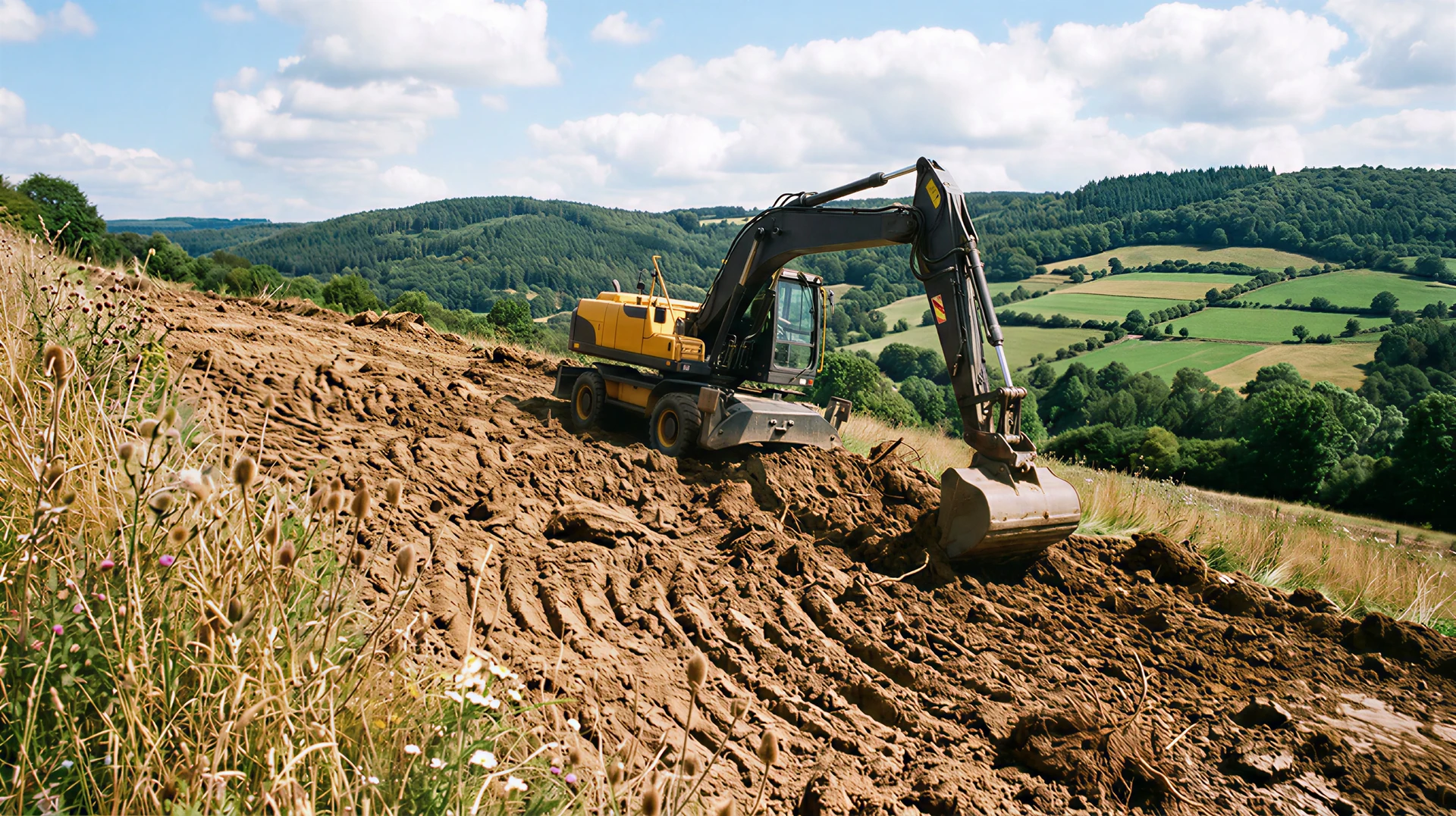 Photographie réaliste d'une pelleteuse Mecalac sur pneus de couleur jaune et noire, équipée d'un godet de fouille frontal, en action sur un chantier de terrassement extérieur. La machine excavatrice creuse activement le sol argileux avec son bras hydraulique articulo en position de travail. L'arrière-plan montre un terrain vallonné verdoyant typique de la région du centre de la France. Les conditions sont en plein jour avec ciel bleu partiellement nuageux. Le sol partiellement excavé, les remblais et la nature du chantier en terrassement général sont clairement visibles, illustrant l'extraction et le déplacement de terres.